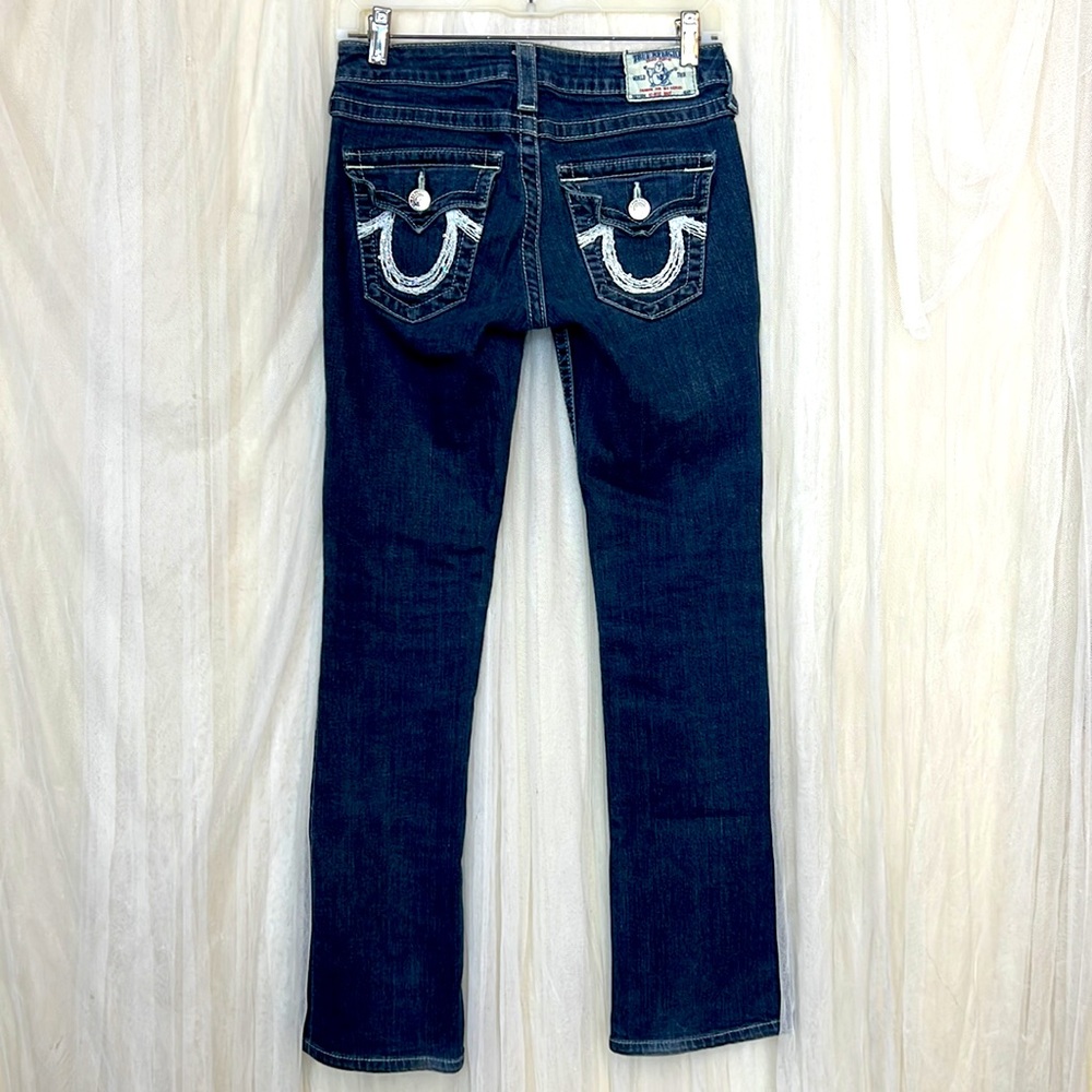 ⭐️ True Religion high rise boot jeans blue white sequin logo pockets women 26
